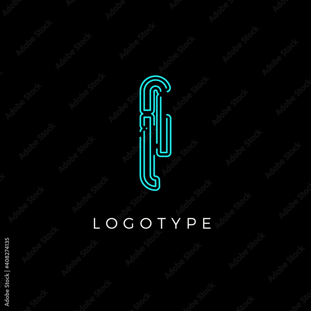 Poster cyber letter i for digital technology logo concept. contour circuit style monogram for artificial in