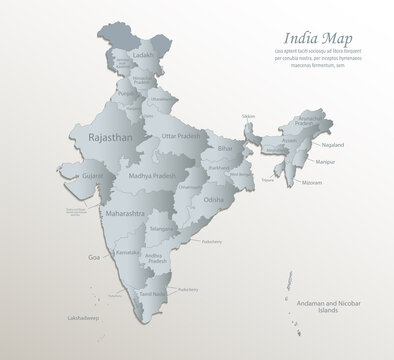 India map, administrative division with names, white blue card paper 3D vector