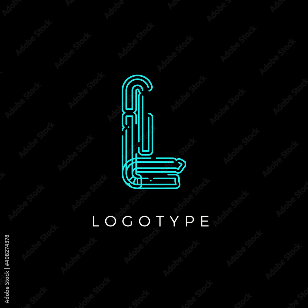 Poster cyber letter l for digital technology logo concept. contour circuit style monogram for artificial in