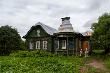 Russia, Tver region. 07.18.2020: Kalyazin district. Porechye. Old wooden house in the Art Nouveau style of the estate of the Vinogradov brothers.