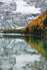 winter landscape, with kaleidoscope effect on the side di braies located in the Italian alps in the area of ​​the dolomites. Snow, trees and mountains
