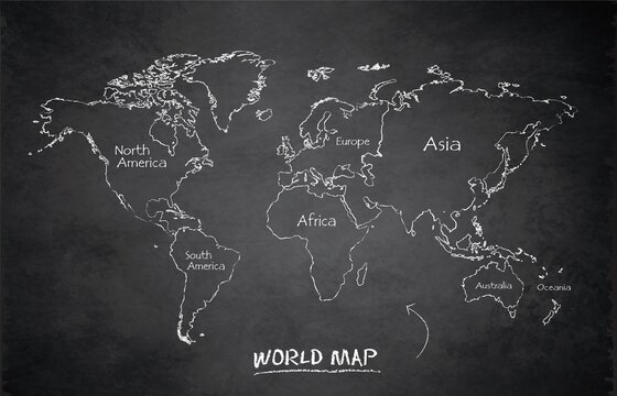 World continents map, administrative division, separates continent and names, design card blackboard chalkboard vector
