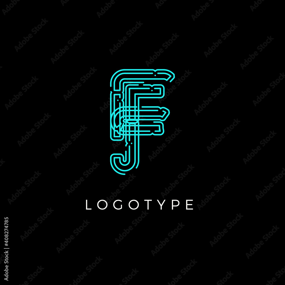 Poster Cyber letter F for digital technology logo concept. Contour circuit style monogram for artificial intelligence product symbol, robotic system logo and vector type design