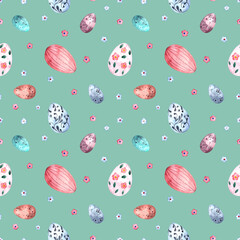 Seamless watercolor pattern with Easter colored eggs on a colored background.Illustration for holidays, fabrics, postcards, packaging.