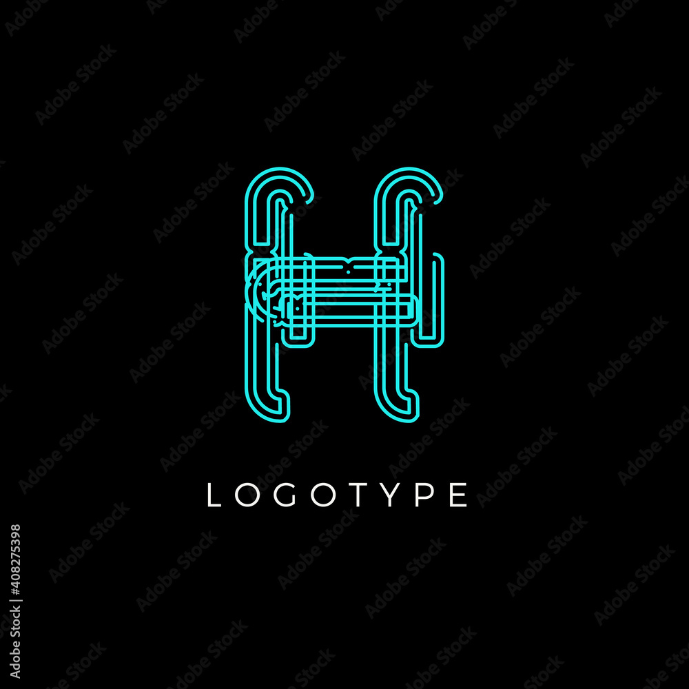Poster Cyber letter H for digital technology logo concept. Contour circuit style monogram for artificial intelligence product symbol, robotic system logo and vector type design