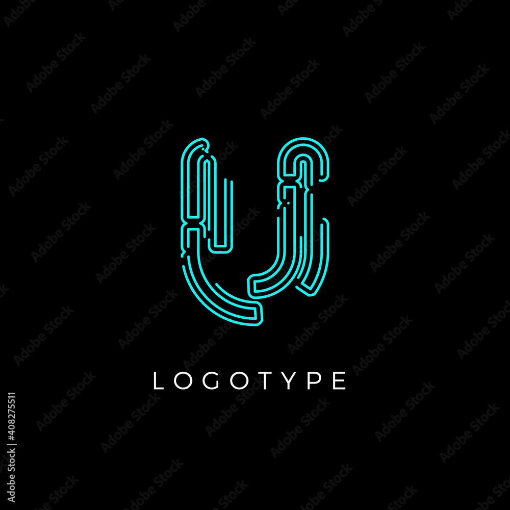 Aufkleber Cyber letter U for digital technology logo concept. Contour circuit style monogram for artificial intelligence product symbol, robotic system logo and vector type design