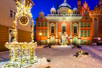 Amazing Christmas decorations at St. Mary Basilica at snowy night, Gdansk. Poland