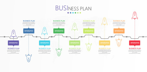 Infographic with 9 elements project plan start step design template flat infographic vector illustration for presentation progress bar report.