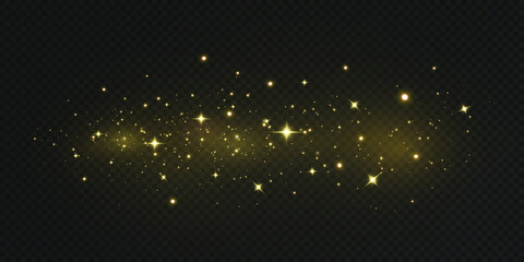 Christmas gold confetti stars are falling, Shining stars fly across the night sky amidst the reflection of the light points of space. holidays vector background. magic shine.