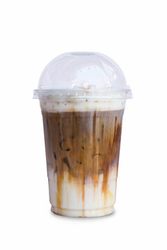 Iced coffee in a plastic mug isolated on white background.