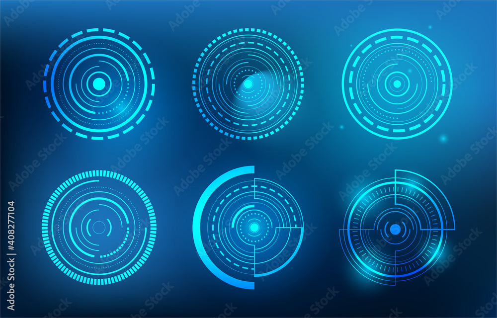 Wall mural set of abstract technology circle glow on blurred background, elements of futuristic digital technol