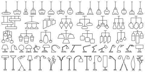 A set of elements for indoor lighting. Suspended ceiling chandeliers, table lamps, floor lamps. Vector icons in outline style isolated on white.