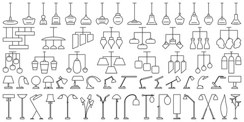 A set of elements for indoor lighting. Suspended ceiling chandeliers, table lamps, floor lamps. Vector icons in outline style isolated on white.