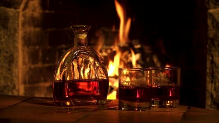Bottle and glasses with whiskey or cognac. Burning Fire In The Fireplace. Warmth and home comfort. 4K