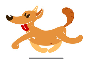 Funny cartoon dog running brave and positive vector flat style illustration isolated on white, cute and adorable domestic animal friend.