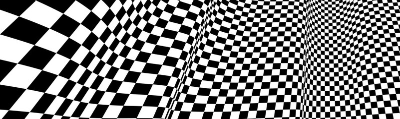 Checker pattern mesh in 3d dimensional perspective vector abstract background, formula 1 race flag texture, black and white checkered illustration.