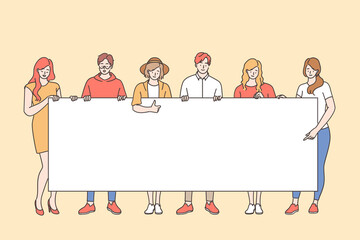 Protesters or activists concept. Group of young men and women cartoon characters standing together and holding white blank mockup banner in hands during taking part in parade or rally illustration 