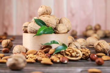 Nuts on wooden background