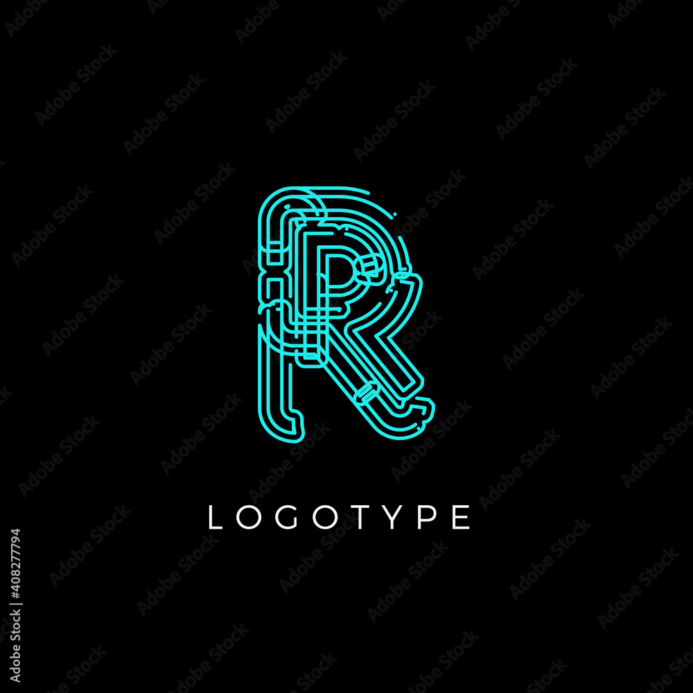 Poster Cyber letter R for digital technology logo concept. Contour circuit style monogram for artificial intelligence product symbol, robotic system logo and vector type design