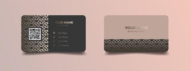 Business card design with elegant pattern. Modern concept with golden decoration art. Vector illustration print template.