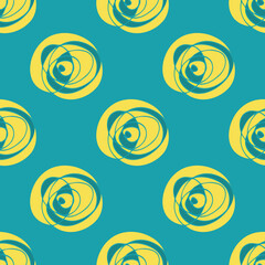 Abstract scribbled painterly circle vector seamless pattern background. Hand drawn brush stroke ring shapes yellow aqua blue backdrop. Bold swirl design. All over print for summer beach concept