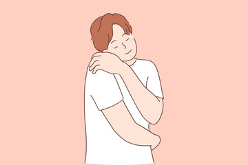 Self love and self care concept. Young smiling man cartoon character wearing casual clothes standing and hugging himself feeling happy and positive over pink background vector illustration