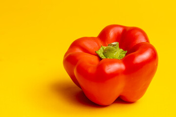 Intense vibrant red  bell pepper or paprika. Studio food still life contrasted against a seamless dark yellow background.