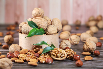Nuts on wooden background