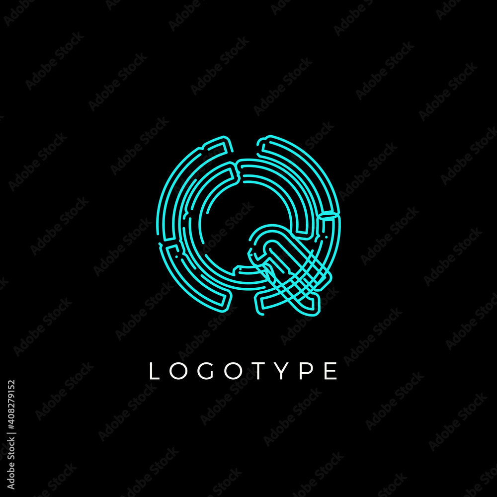 Poster cyber letter q for digital technology logo concept. contour circuit style monogram for artificial in