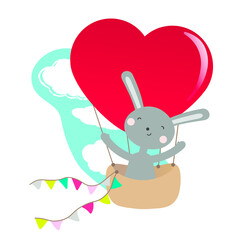 Vector illustration with a cute cheerful enamored rabbit on a balloon with a heart. Multi-colored flags. Positive, kind, gentle children's print, poster, design for textiles. Isolated. Valentine, love