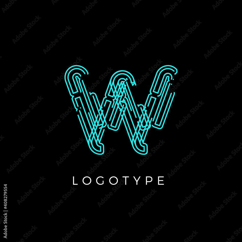 Poster Cyber letter W for digital technology logo concept. Contour circuit style monogram for artificial intelligence product symbol, robotic system logo and vector type design