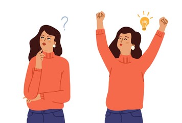 Female find solution. Problem solving, woman good idea. Question and answer concept, thinking process and happy girl vector character. Solution female, woman think and answer, doubt girl illustration