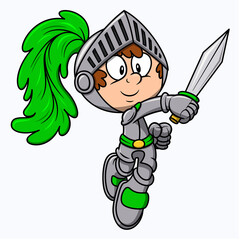 Cartoon knight illustration. Cute kid knight with sword and green feather on helmet. Medieval armor costume. Chivalry soldier with happy face and smile. Isolated on white background.