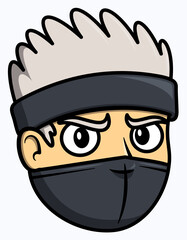 Ninja warrior head with black mask and headband icon. Simple  logo illustration design. Logotype for sports or cybersport team. Japanese and asian assassin. Cartoon image.