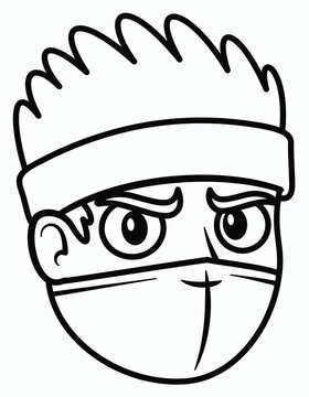 Ninja warrior head with mask and headband icon. Simple logo illustration design. Logotype for sports or cybersport team. Japanese and asian assassin. Cartoon line art image for coloring book or page.