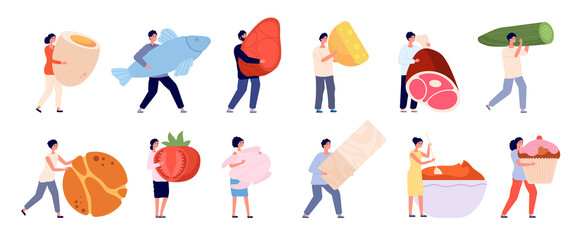 Tiny people with food. Flat foods, friends cooking garden vegetables. Female eating and products preparation, healthy dish vector. Mini character with fish and meat, fruit and vegetable illustration