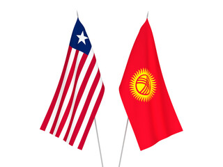 National fabric flags of Kyrgyzstan and Liberia isolated on white background. 3d rendering illustration.