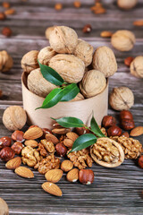 Nuts on wooden background