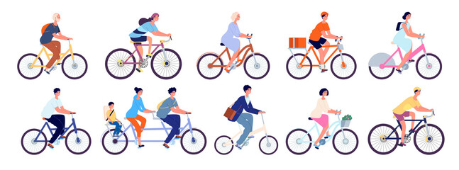 Cyclists characters. Fun active woman, cyclist ride bicycle outdoor. Fun leisure, isolated happy girl rider and person bike utter vector set. Bike sport exercise, lifestyle ride activity illustration - obrazy, fototapety, plakaty