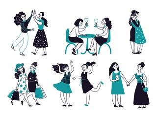 Female friendship. Girls friends together, women drink wine hugging meeting. Cartoon feminists characters, smiling woman dancing vector. Female friendship with wine, together meeting illustration