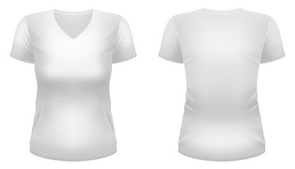 Blank white V-neck t-shirt template. Front and back views. Vector illustration.