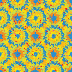 Tie dye effect abstract seamless vector pattern background. Geometric backdrop with circle shapes. Tropical color painterly spatter design. Retro fun repeat for summer beach vacaction concept