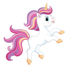 Cute cartoon unicorn with pink mane vector illustration