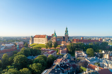 Krakow, Poland. Skyline with historic royal Wawel cathedral and castle. Aerial cityscape in sunrise...