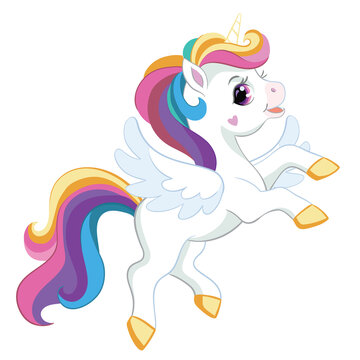 Cute cartoon unicorn with wings vector illustration