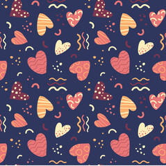 Hearts seamless pattern with abstract hand drawn doodle hearts and geometric shapes. Cute vector design for Valentine's, Mother's Day greeting cards, wallpaper, textile print, wrapping paper.