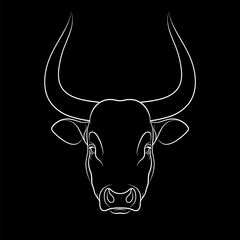 Stencil of stylized bull outline on black background. Line art. Stencil art. Linear drawing.