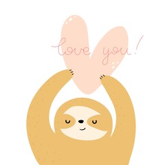 love you. Cartoon sloth, heart, hand drawing lettering. Colorful vector flat style illustration. Romantic design for cards, prints, posters, cover