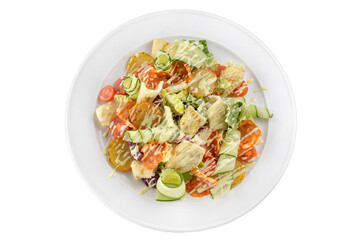 Salad.Chorizo sausage, lettuce, cucumber fried potato with sauce.