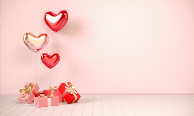 Interior in beige tones with gifts and heart-shaped balloons. Valentine's day, 3D rendering illustration.